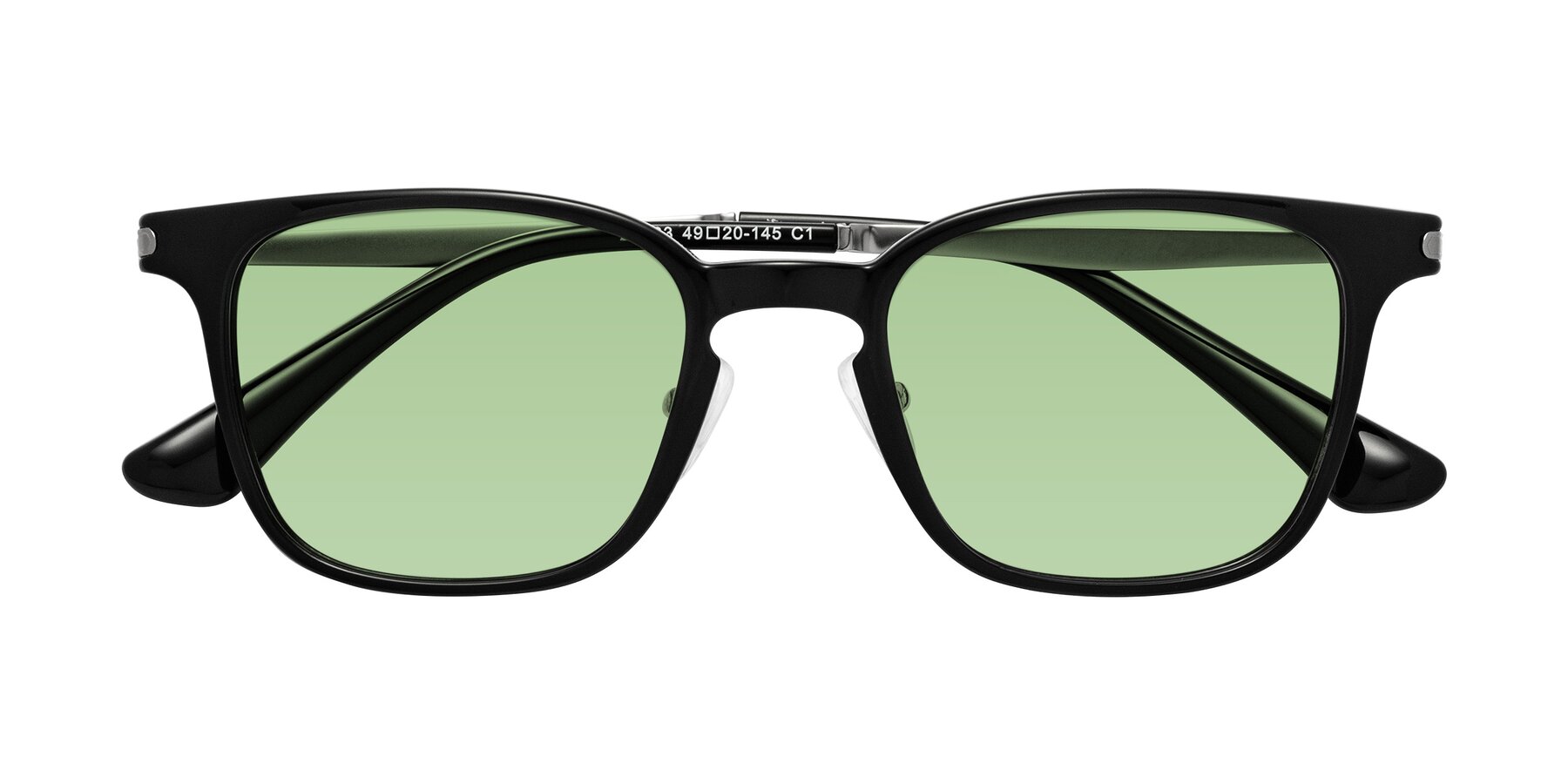 Folded Front of Tiwari in Black with Medium Green Tinted Lenses