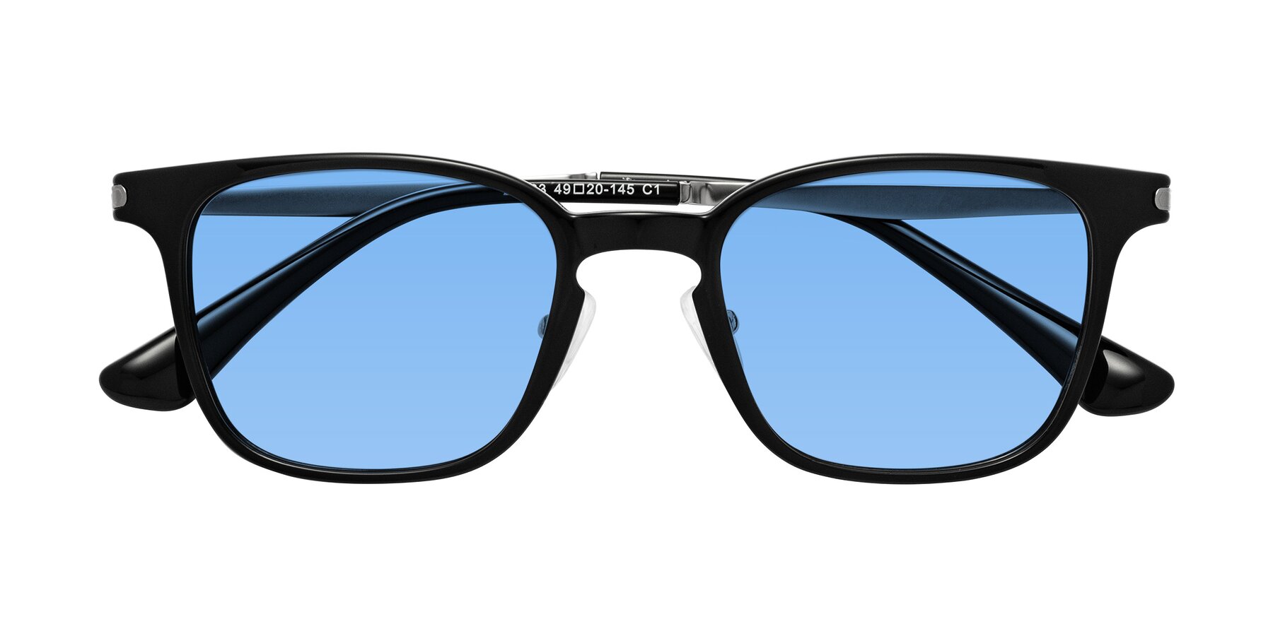 Folded Front of Tiwari in Black with Medium Blue Tinted Lenses