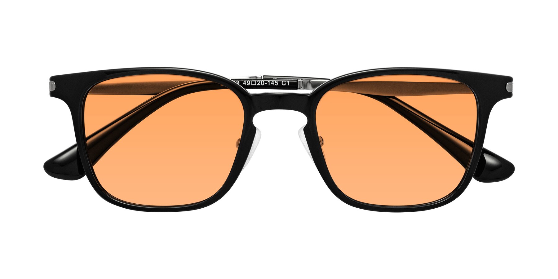 Folded Front of Tiwari in Black with Medium Orange Tinted Lenses
