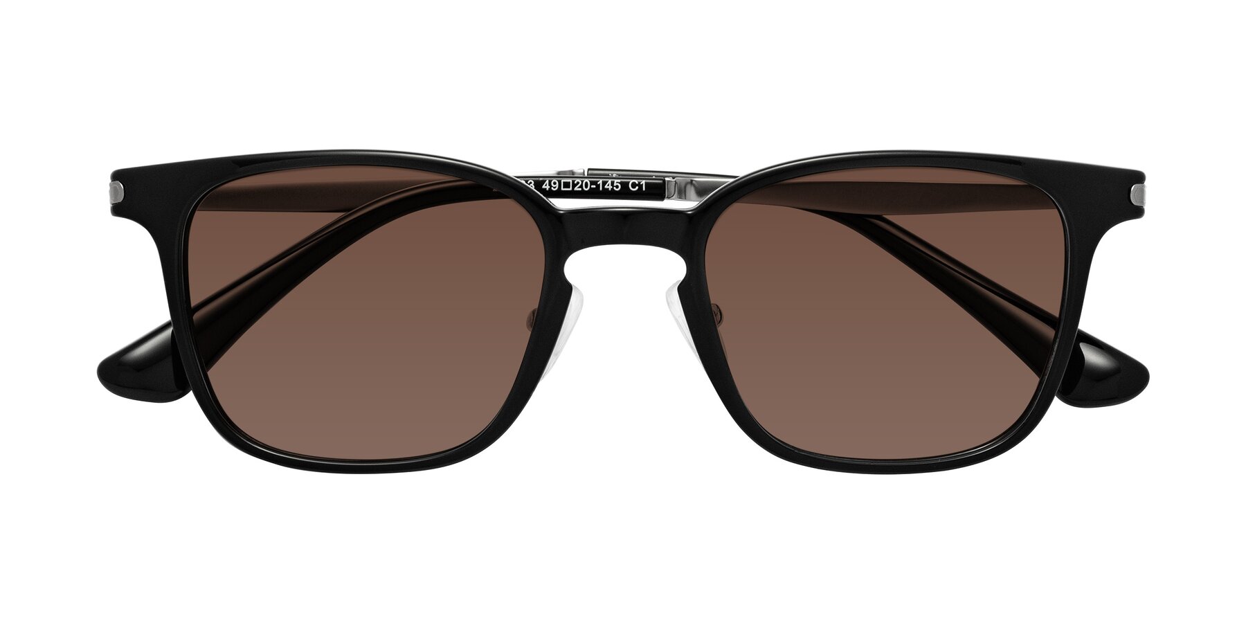 Folded Front of Tiwari in Black with Brown Tinted Lenses