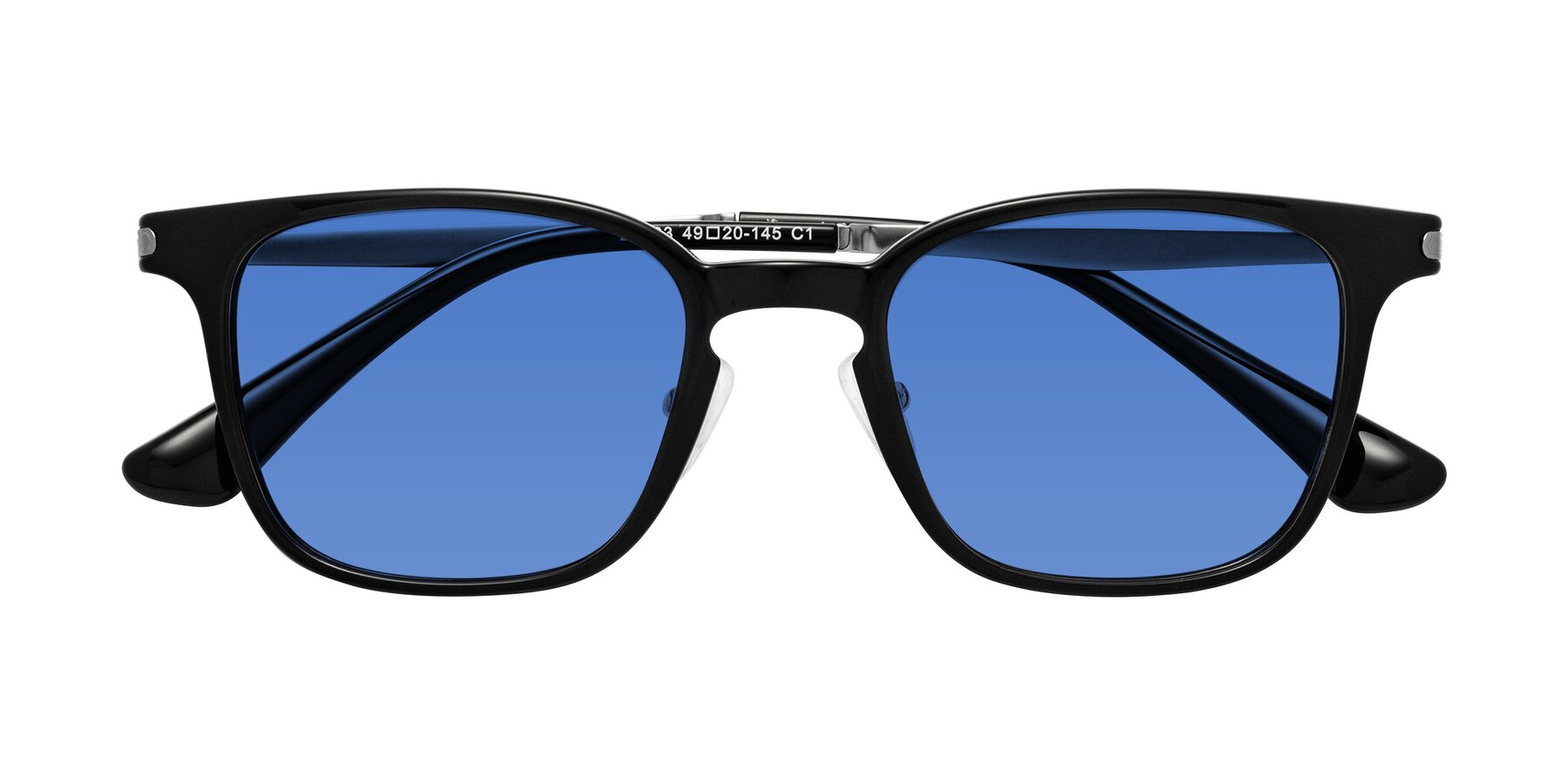 Folded Front of Tiwari in Black with Blue Tinted Lenses