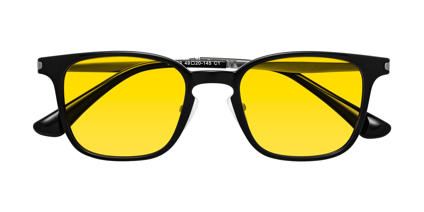 Folded Front of Tiwari in Black with Yellow Tinted Lenses