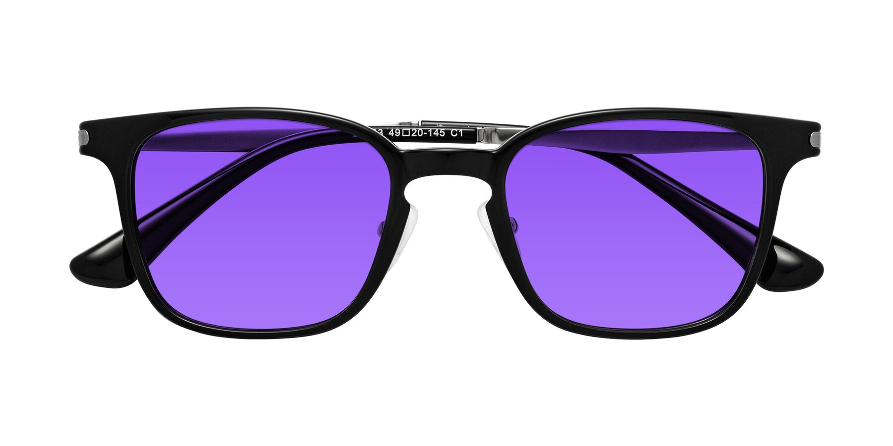 Folded Front of Tiwari in Black with Purple Tinted Lenses