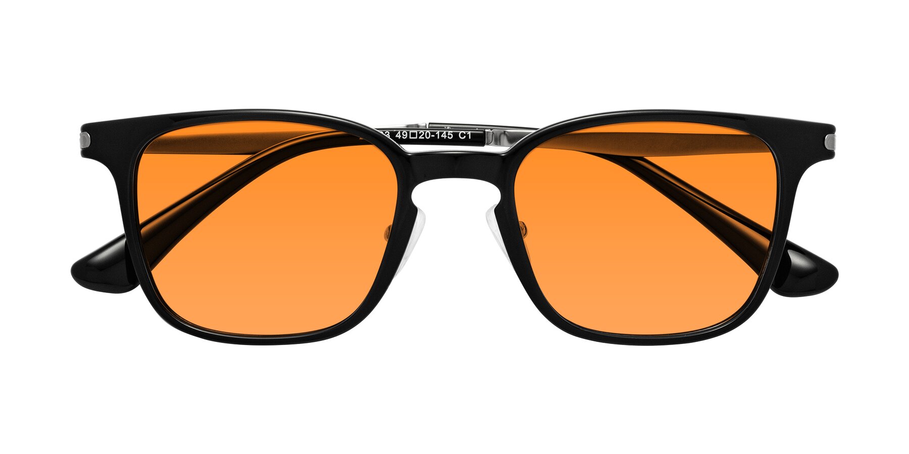 Folded Front of Tiwari in Black with Orange Tinted Lenses