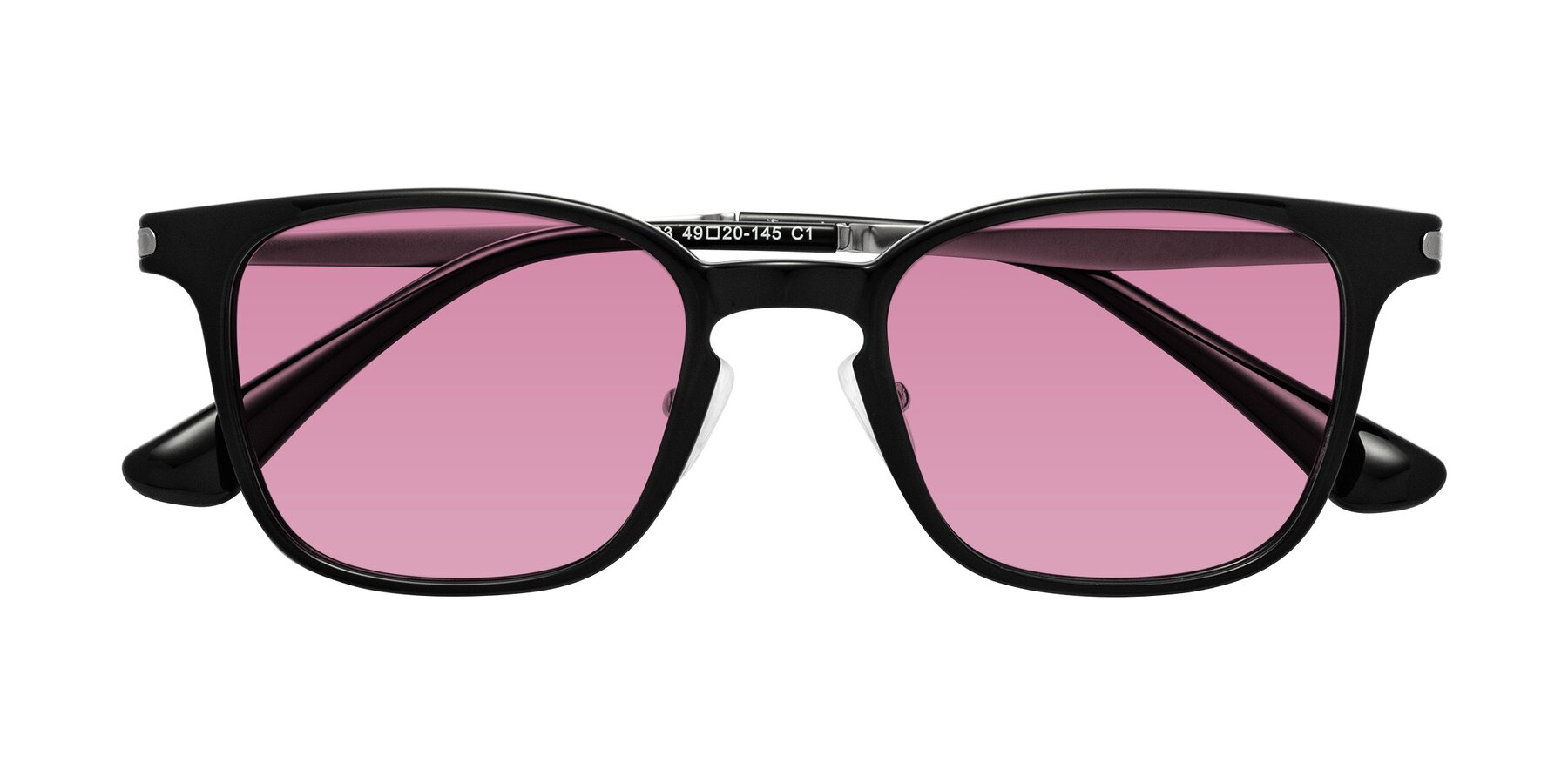 Folded Front of Tiwari in Black with Medium Wine Tinted Lenses
