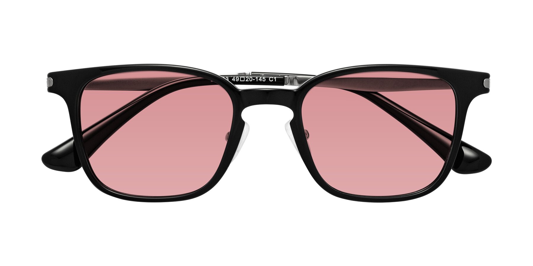 Folded Front of Tiwari in Black with Medium Garnet Tinted Lenses