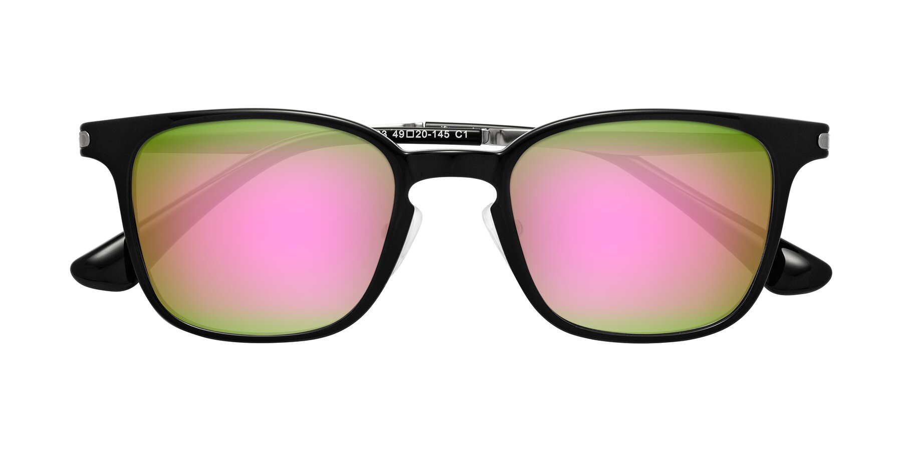 Folded Front of Tiwari in Black with Pink Mirrored Lenses