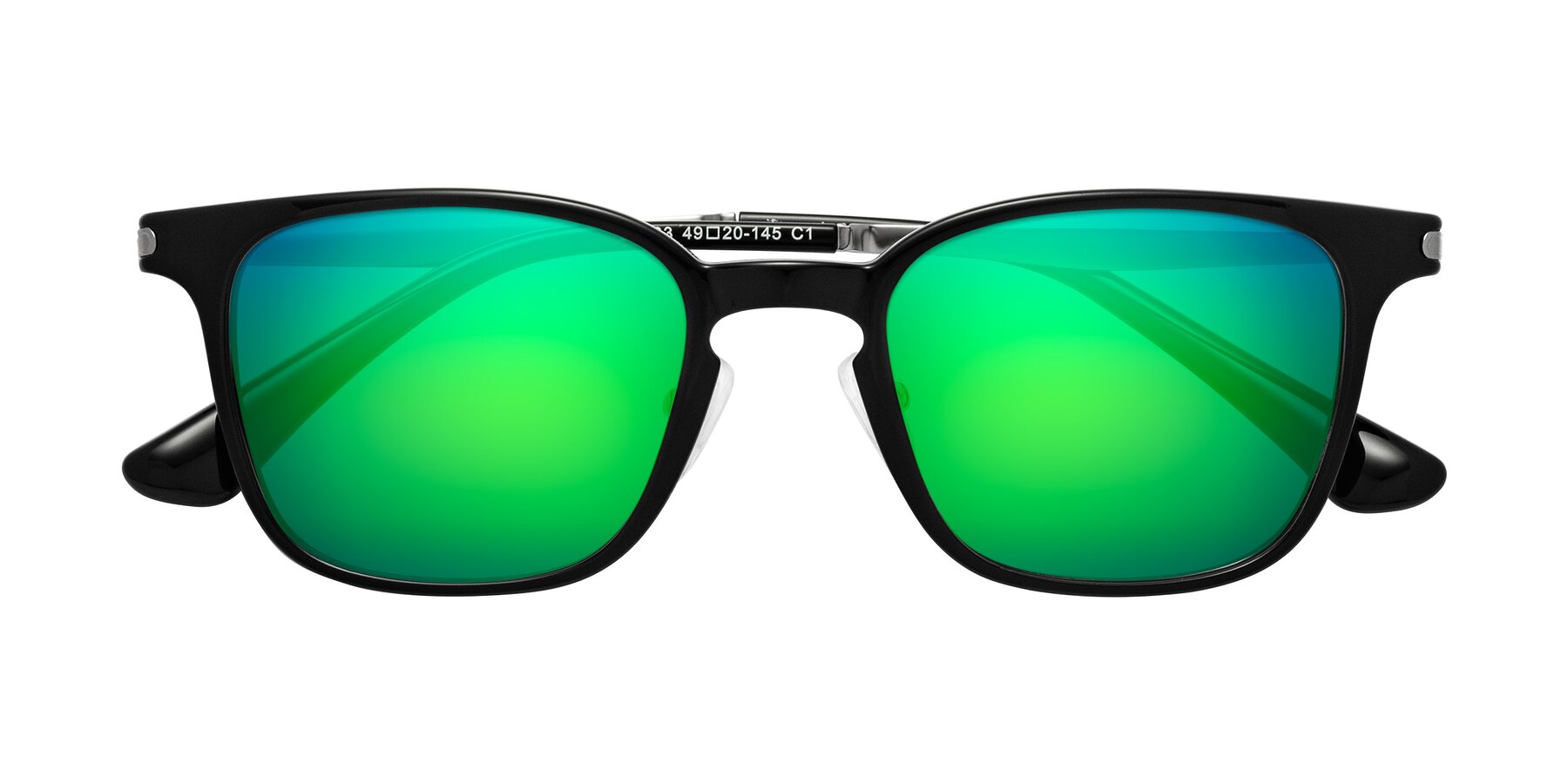 Folded Front of Tiwari in Black with Green Mirrored Lenses