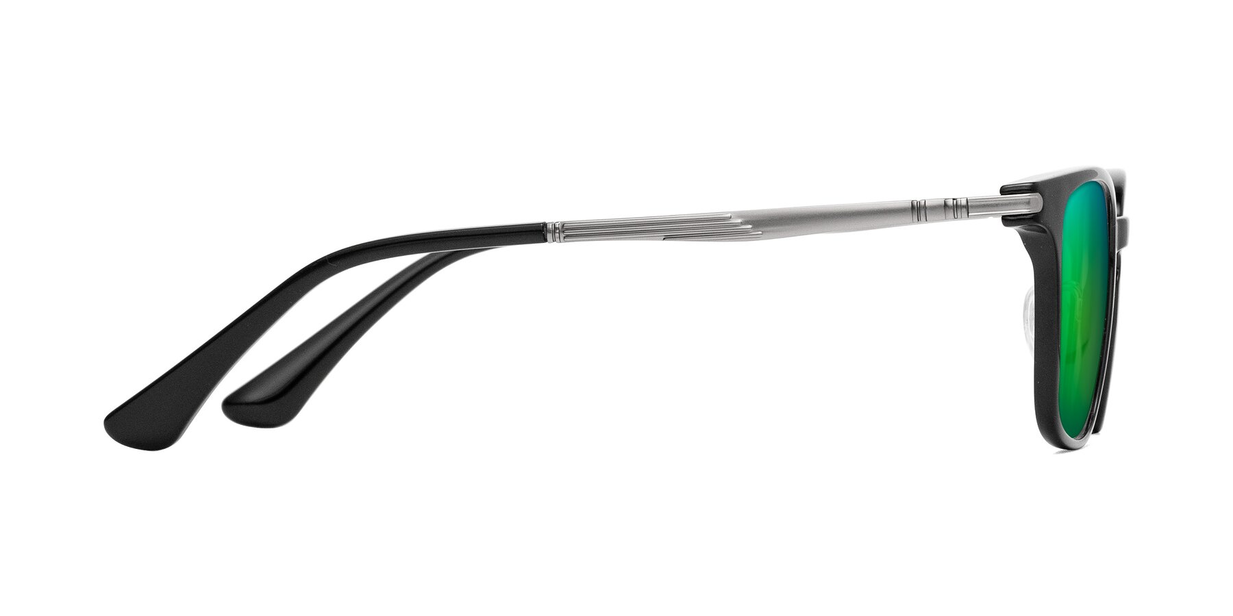 Side of Tiwari in Black with Green Mirrored Lenses
