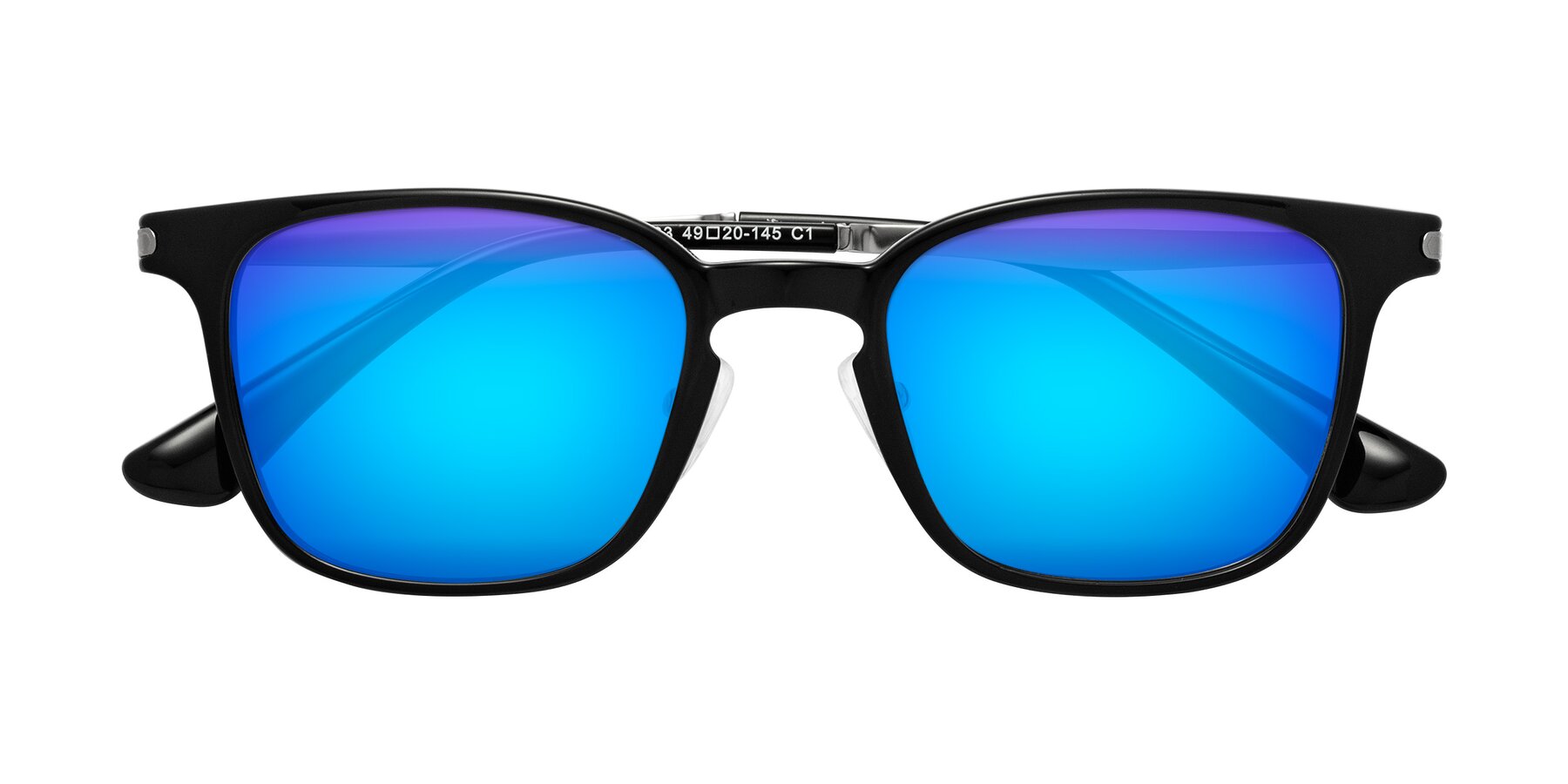 Folded Front of Tiwari in Black with Blue Mirrored Lenses