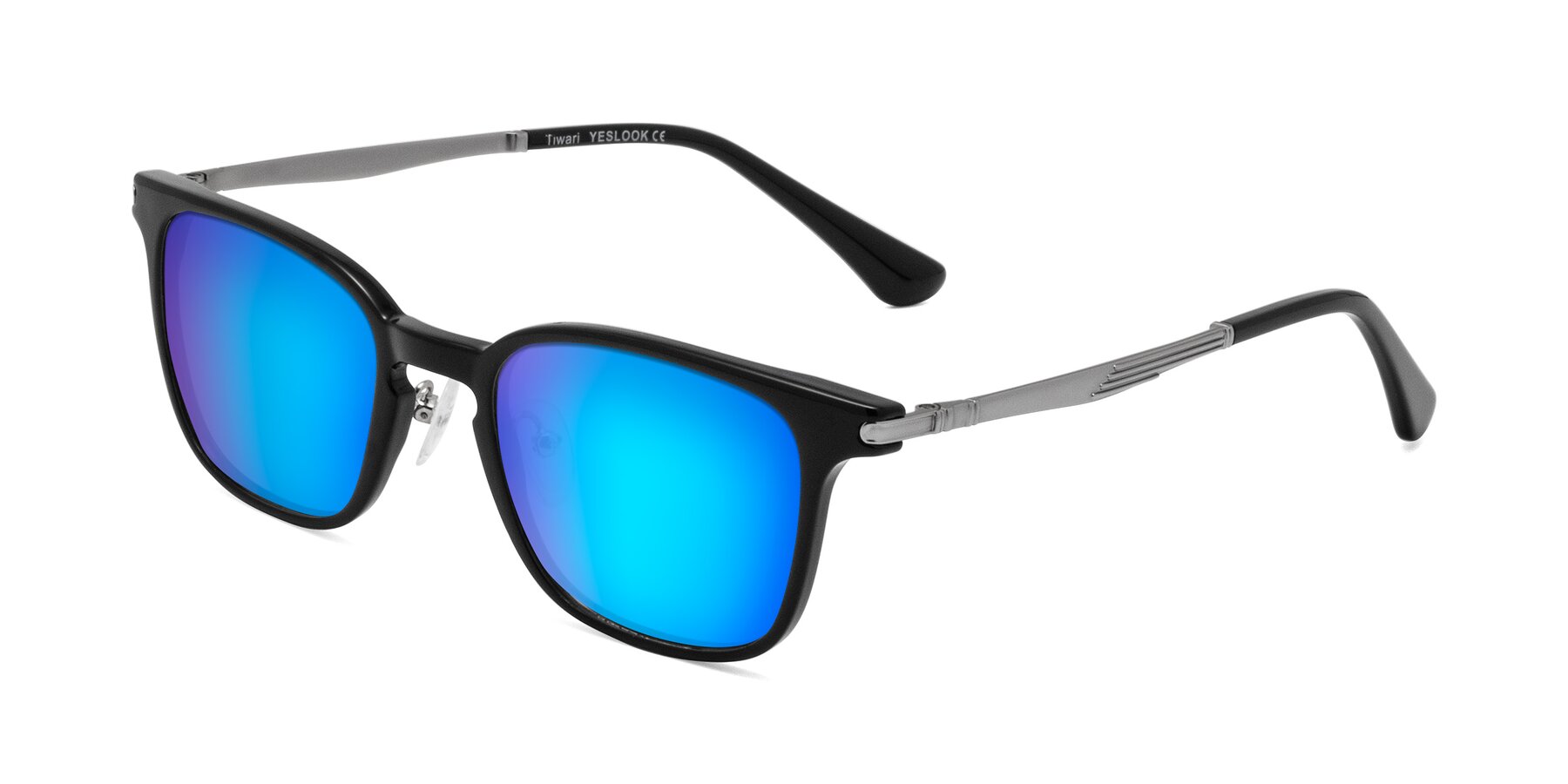 Angle of Tiwari in Black with Blue Mirrored Lenses