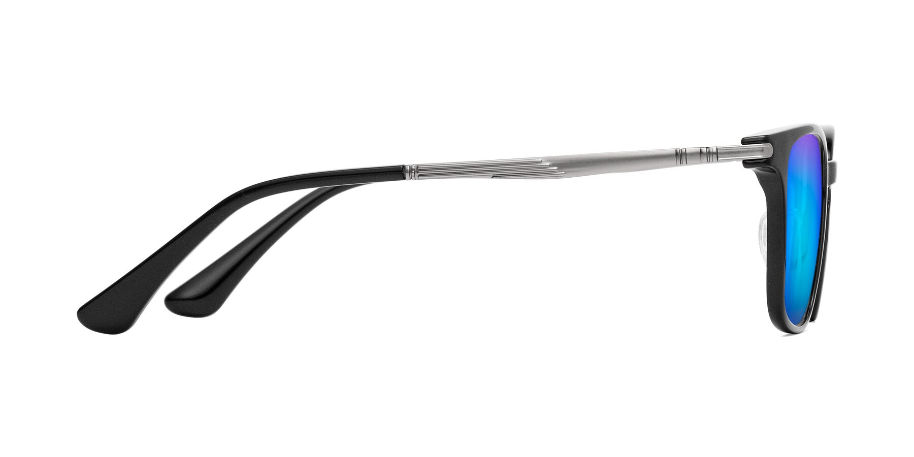 Side of Tiwari in Black with Blue Mirrored Lenses