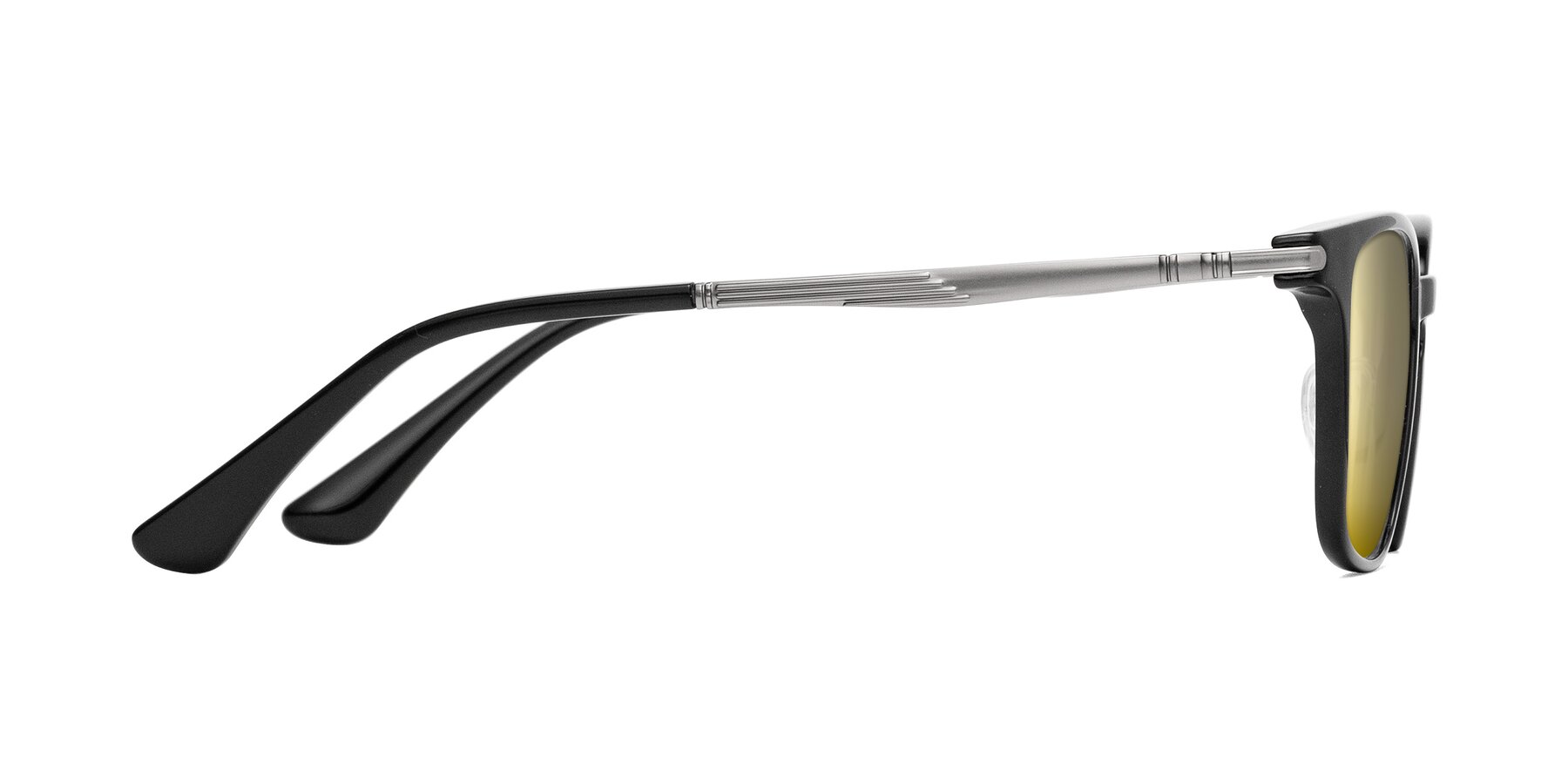 Side of Tiwari in Black with Gold Mirrored Lenses