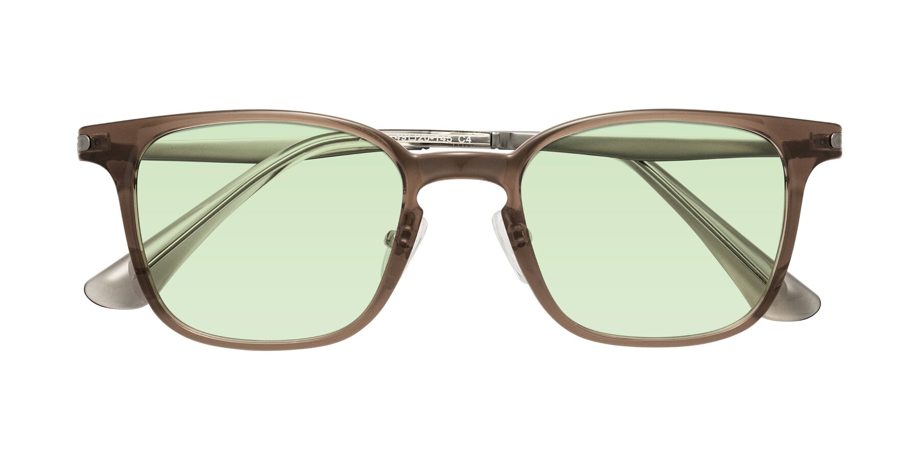 Folded Front of Tiwari in Brown with Light Green Tinted Lenses