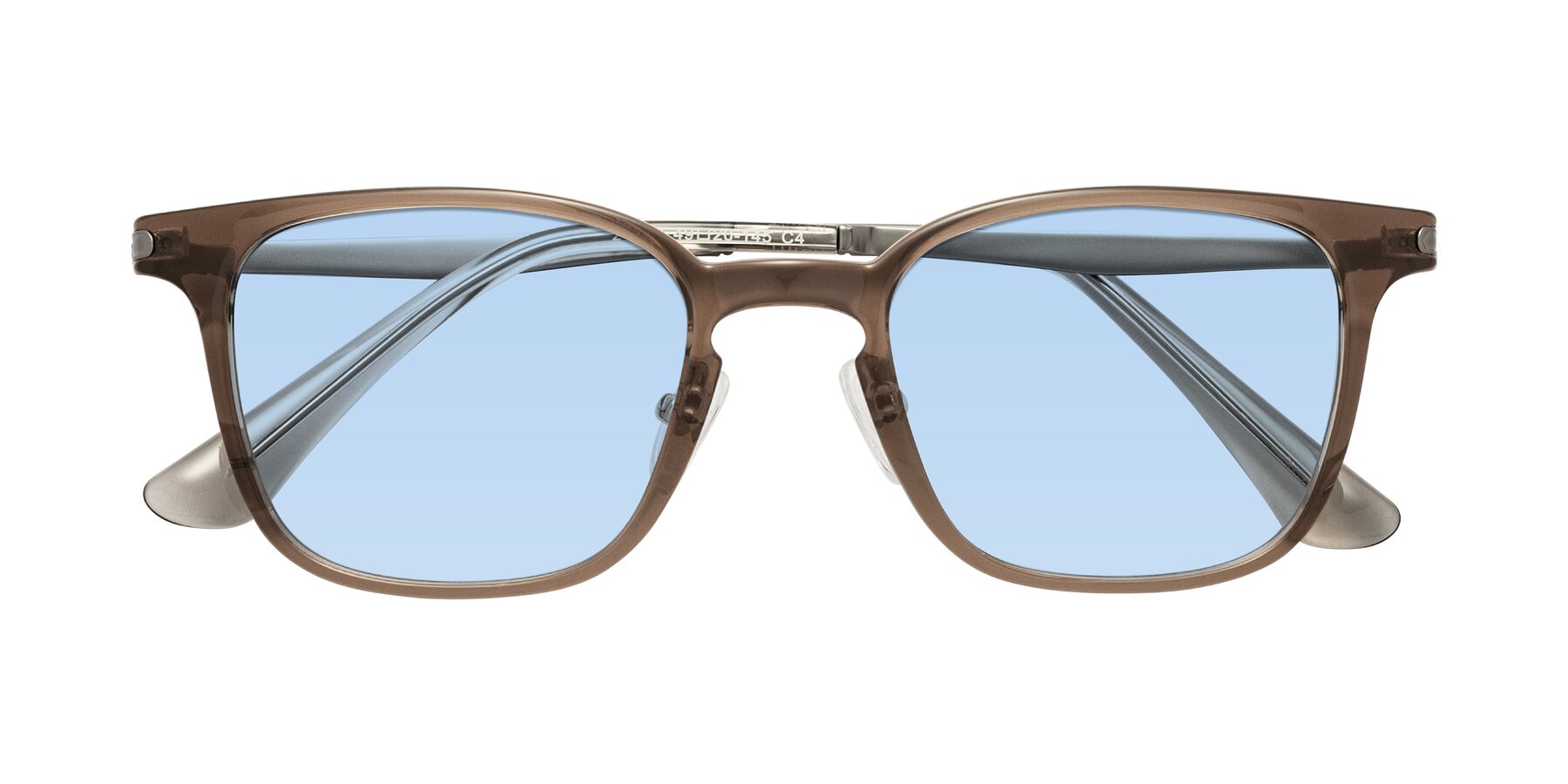 Folded Front of Tiwari in Brown with Light Blue Tinted Lenses