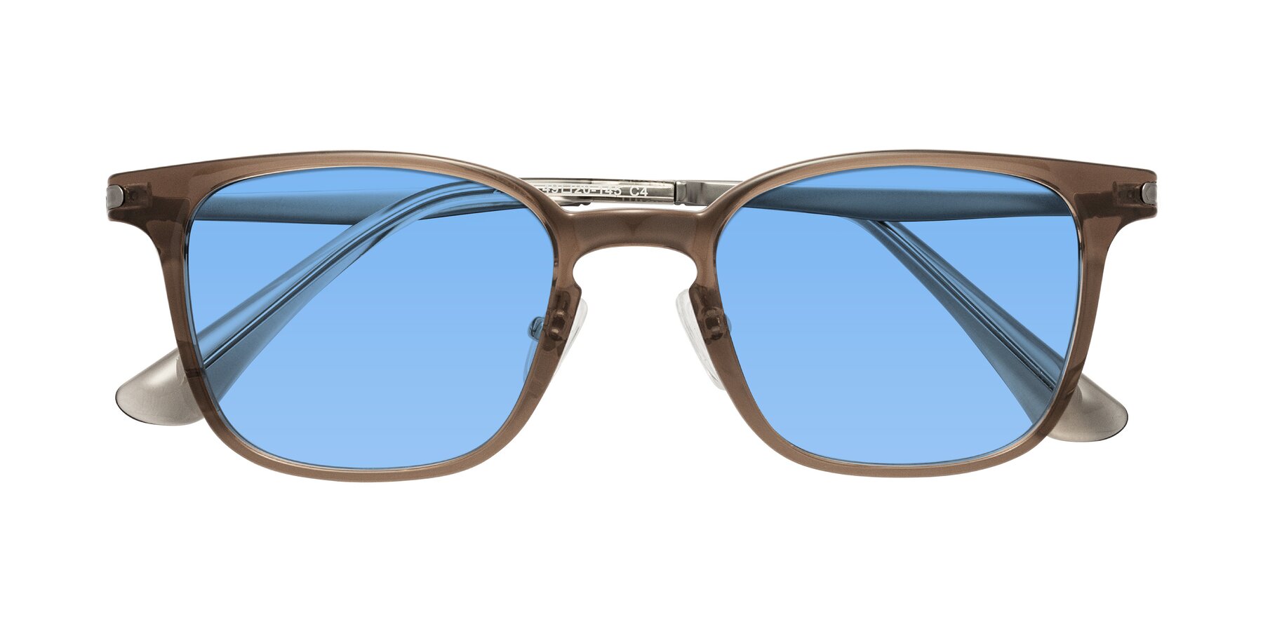 Folded Front of Tiwari in Brown with Medium Blue Tinted Lenses