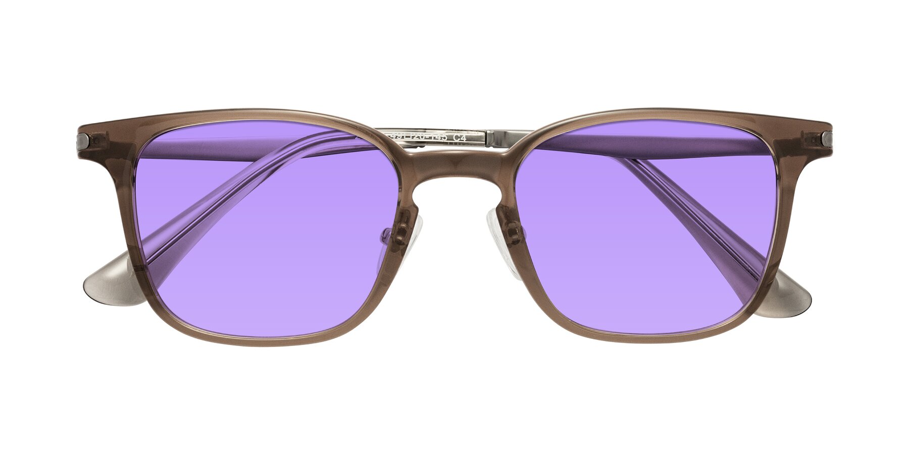 Folded Front of Tiwari in Brown with Medium Purple Tinted Lenses