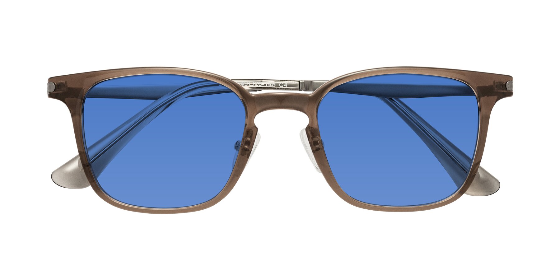 Folded Front of Tiwari in Brown with Blue Tinted Lenses