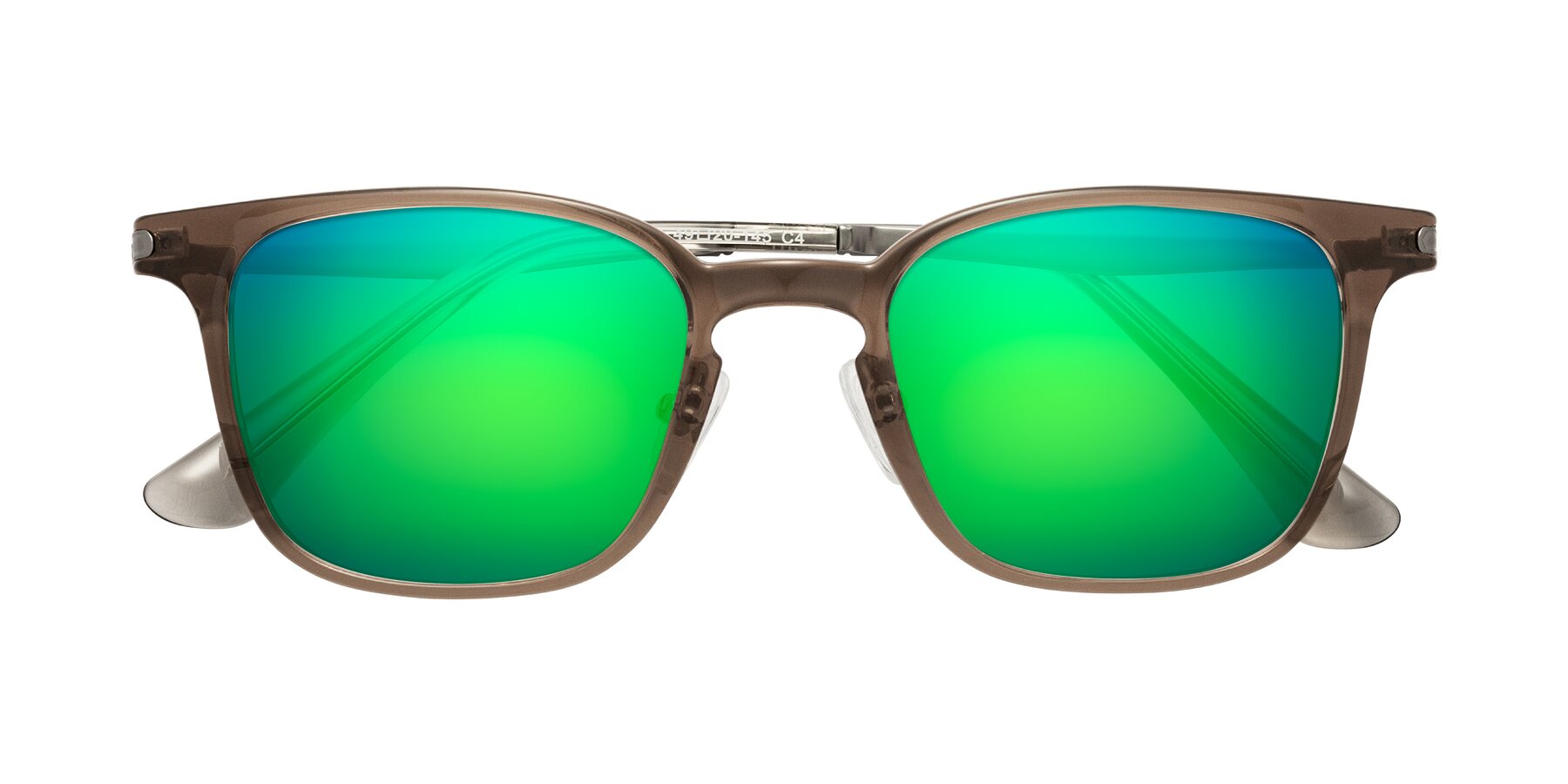 Folded Front of Tiwari in Brown with Green Mirrored Lenses