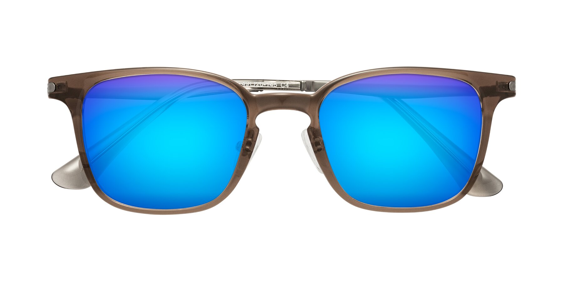 Folded Front of Tiwari in Brown with Blue Mirrored Lenses
