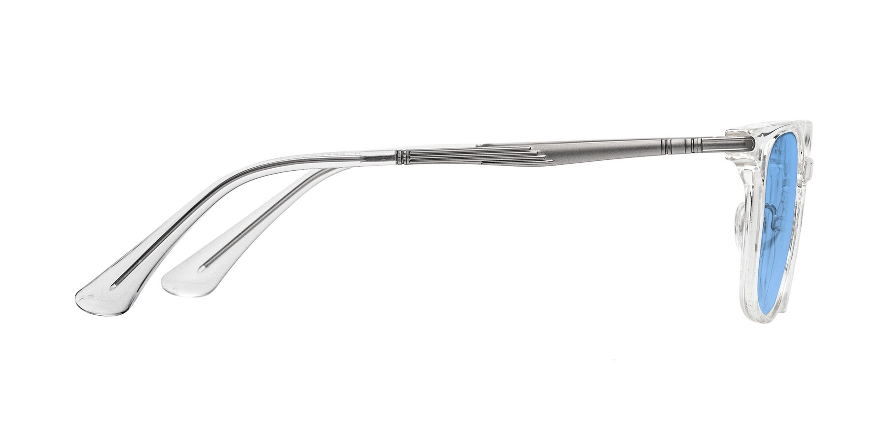 Side of Tiwari in Clear/Silver with Medium Blue Tinted Lenses