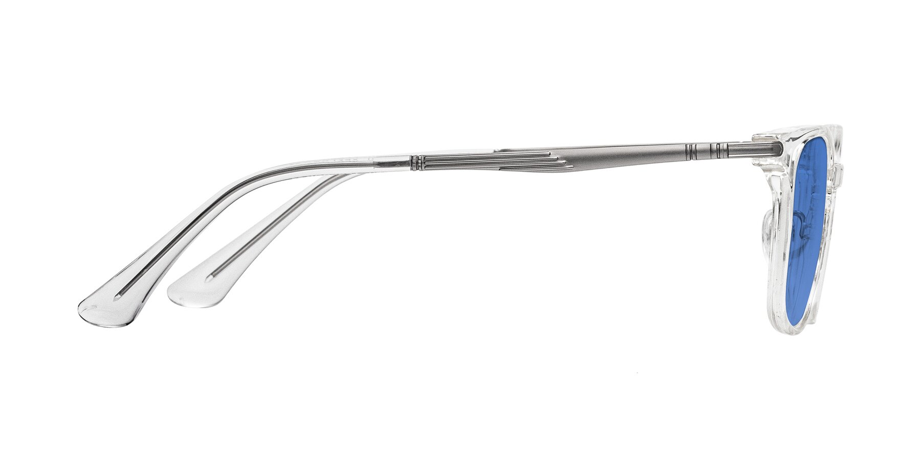 Side of Tiwari in Clear/Silver with Blue Tinted Lenses