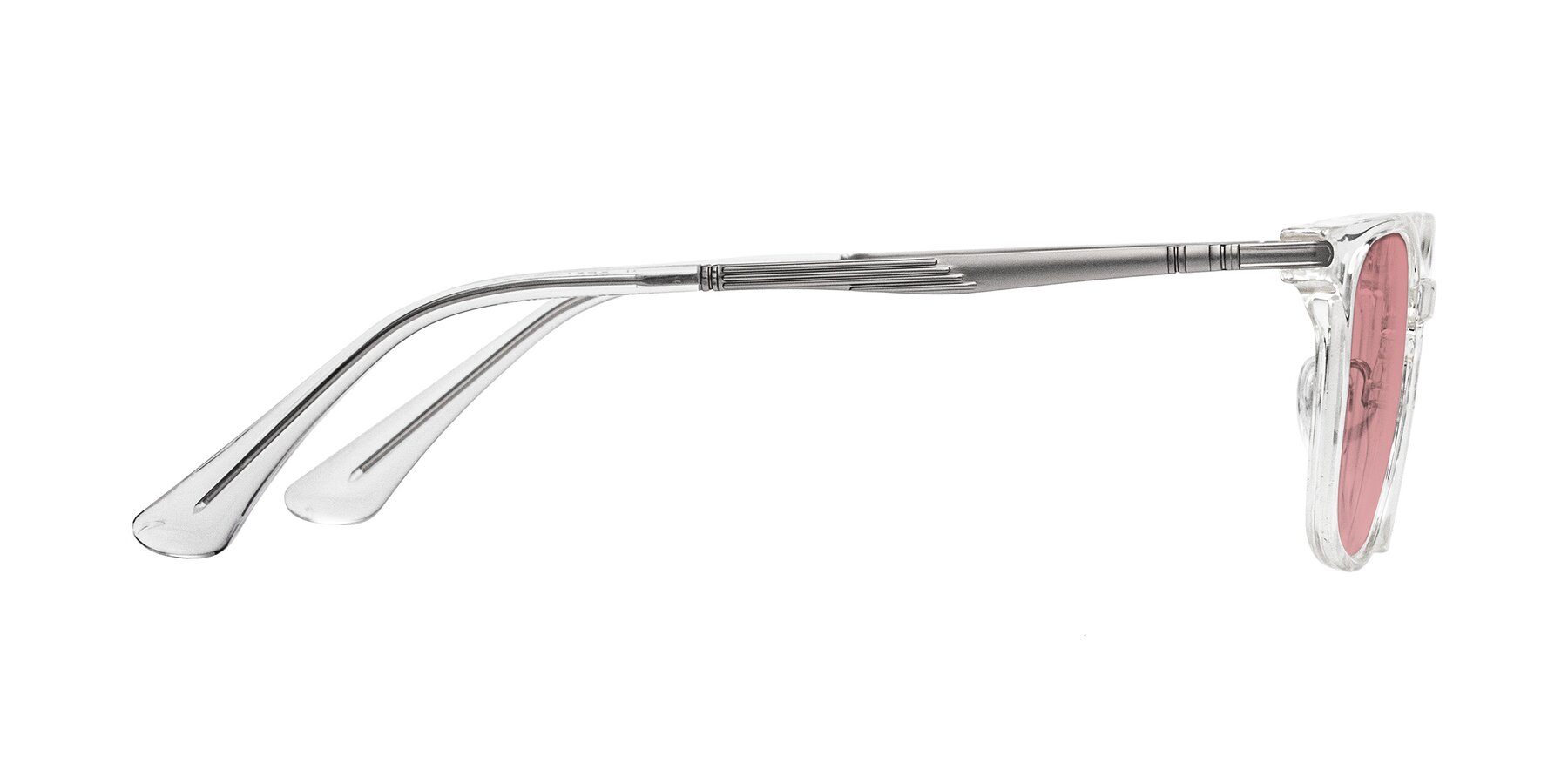 Side of Tiwari in Clear/Silver with Medium Garnet Tinted Lenses