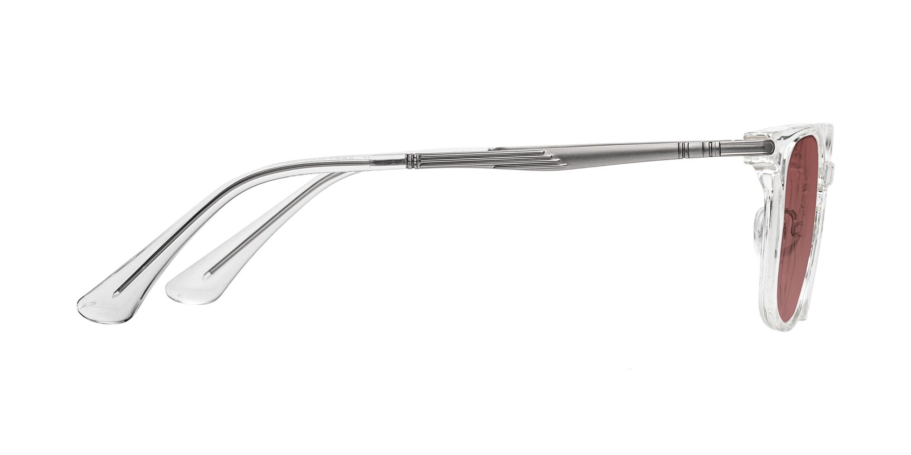 Side of Tiwari in Clear/Silver with Garnet Tinted Lenses