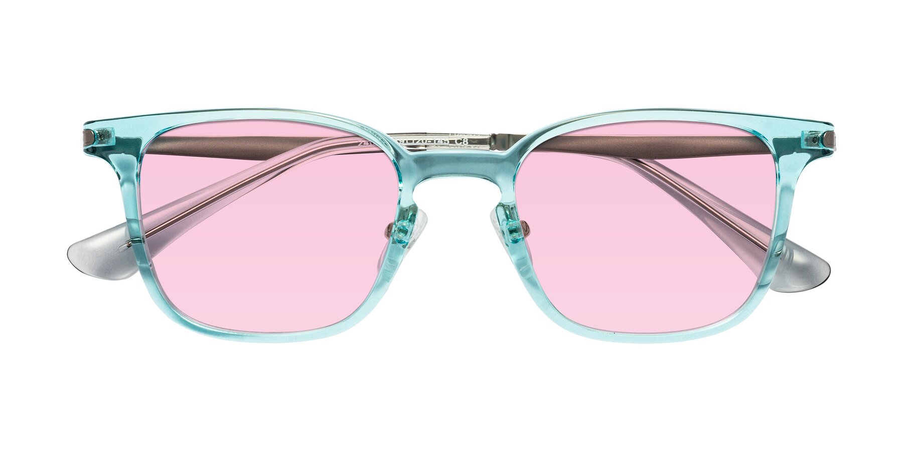 Folded Front of Tiwari in Clear Blue/Silver with Light Pink Tinted Lenses