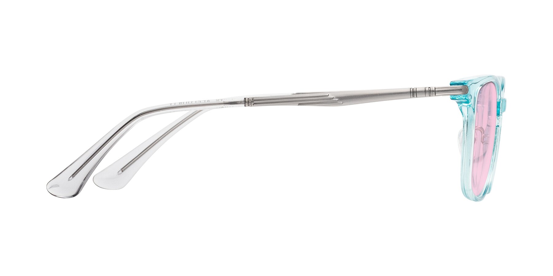 Side of Tiwari in Clear Blue/Silver with Light Pink Tinted Lenses