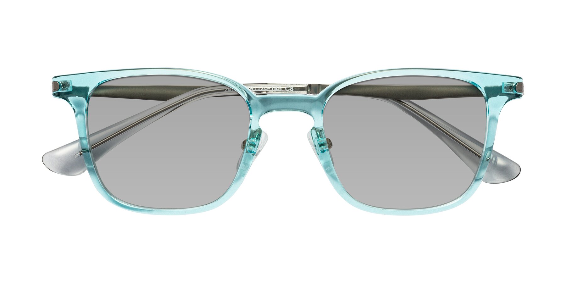Folded Front of Tiwari in Clear Blue/Silver with Light Gray Tinted Lenses