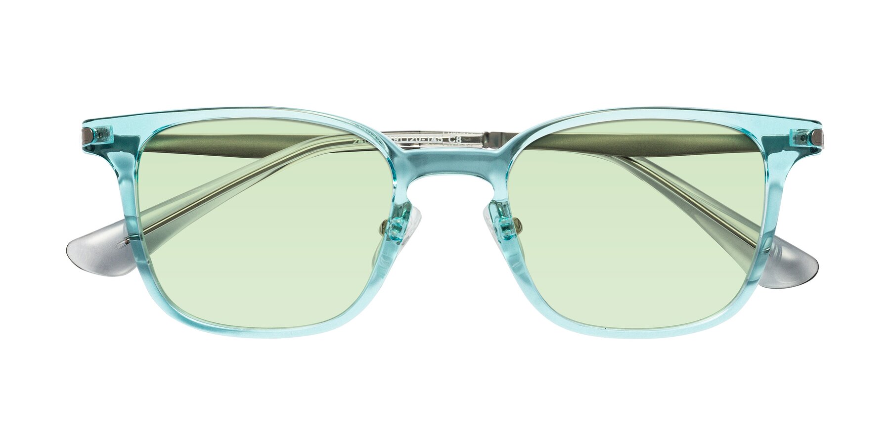 Folded Front of Tiwari in Clear Blue/Silver with Light Green Tinted Lenses