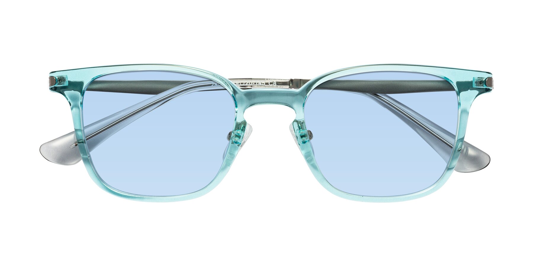 Folded Front of Tiwari in Clear Blue/Silver with Light Blue Tinted Lenses