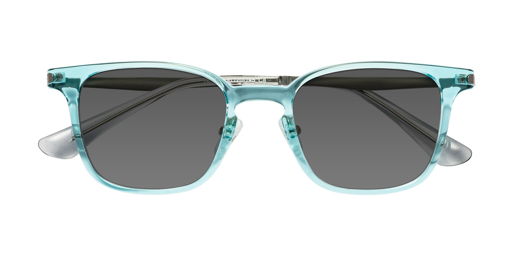 Folded Front of Tiwari in Clear Blue/Silver with Medium Gray Tinted Lenses