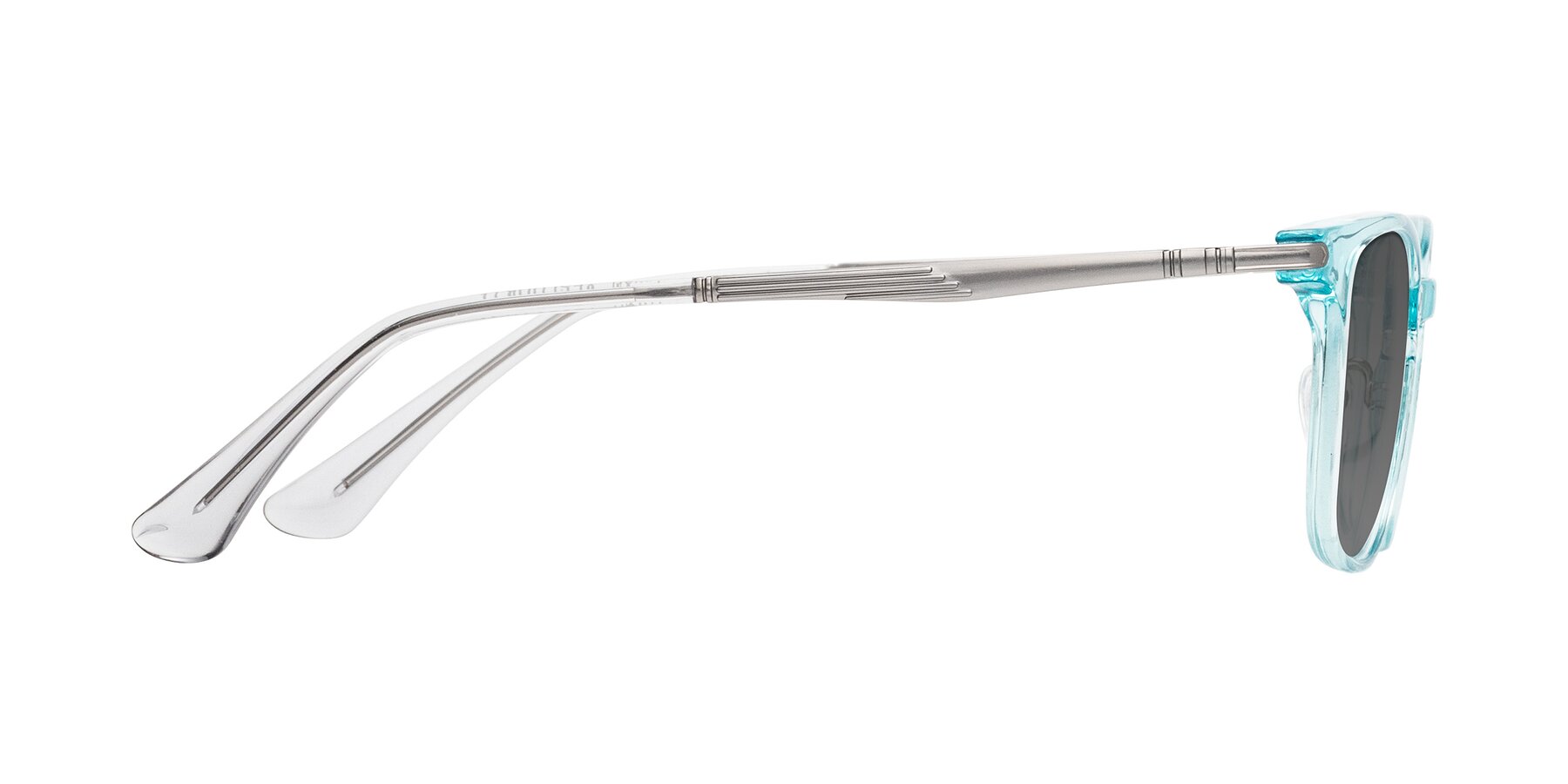 Side of Tiwari in Clear Blue/Silver with Medium Gray Tinted Lenses