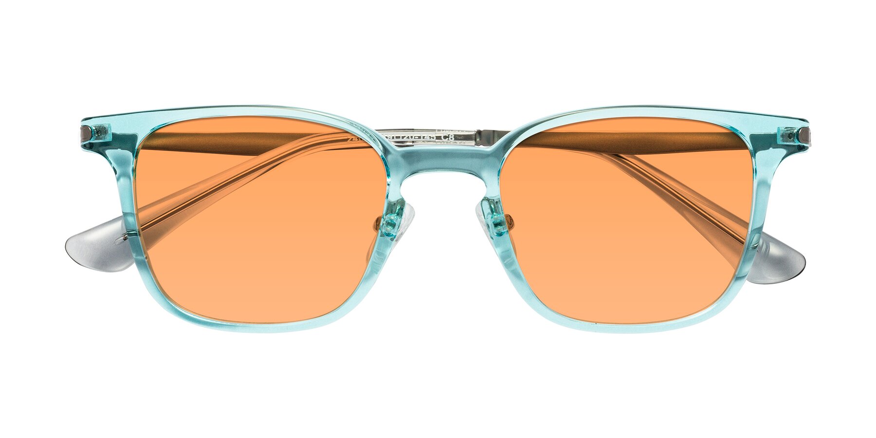 Folded Front of Tiwari in Clear Blue/Silver with Medium Orange Tinted Lenses
