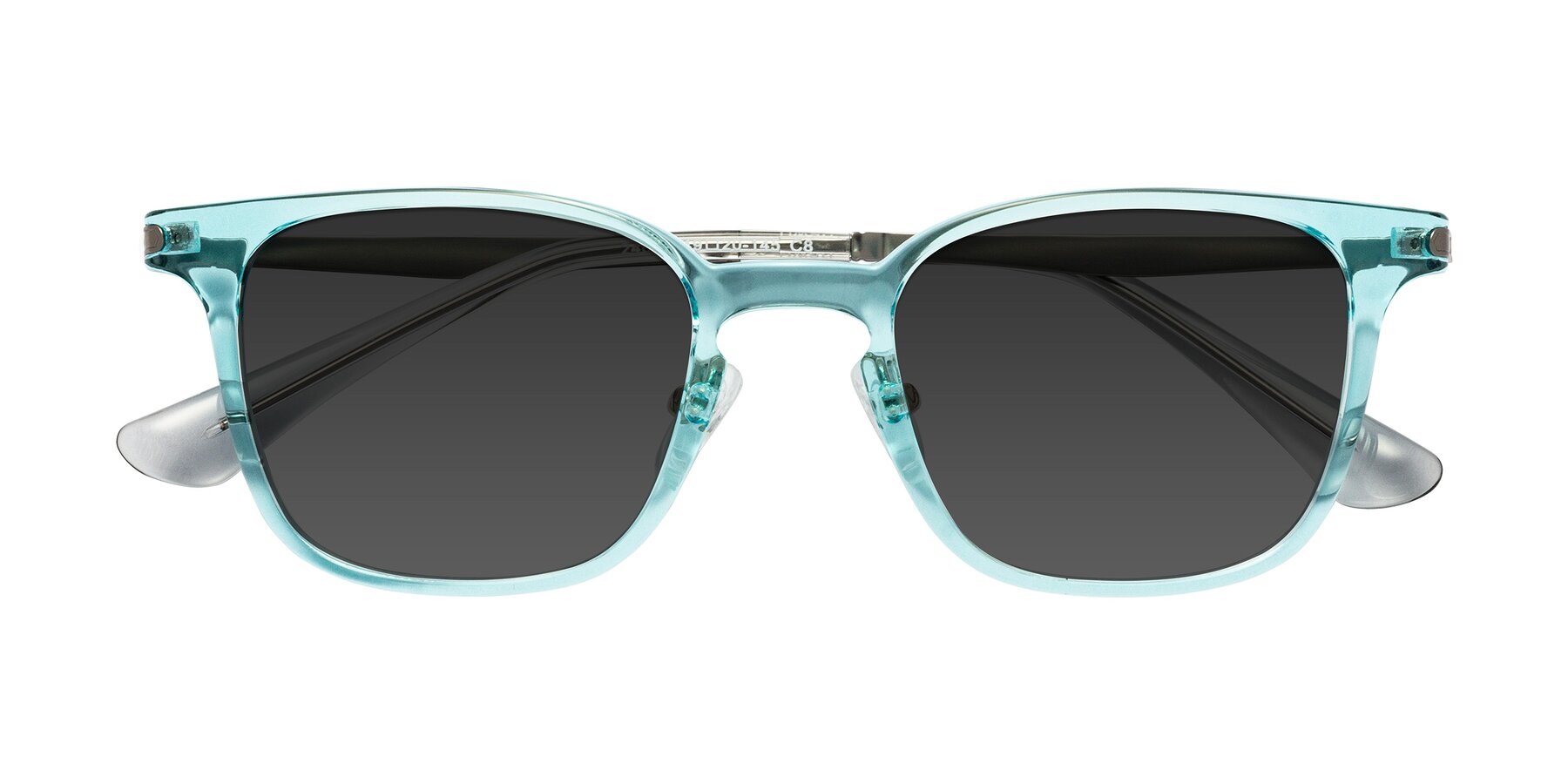 Folded Front of Tiwari in Clear Blue/Silver with Gray Tinted Lenses