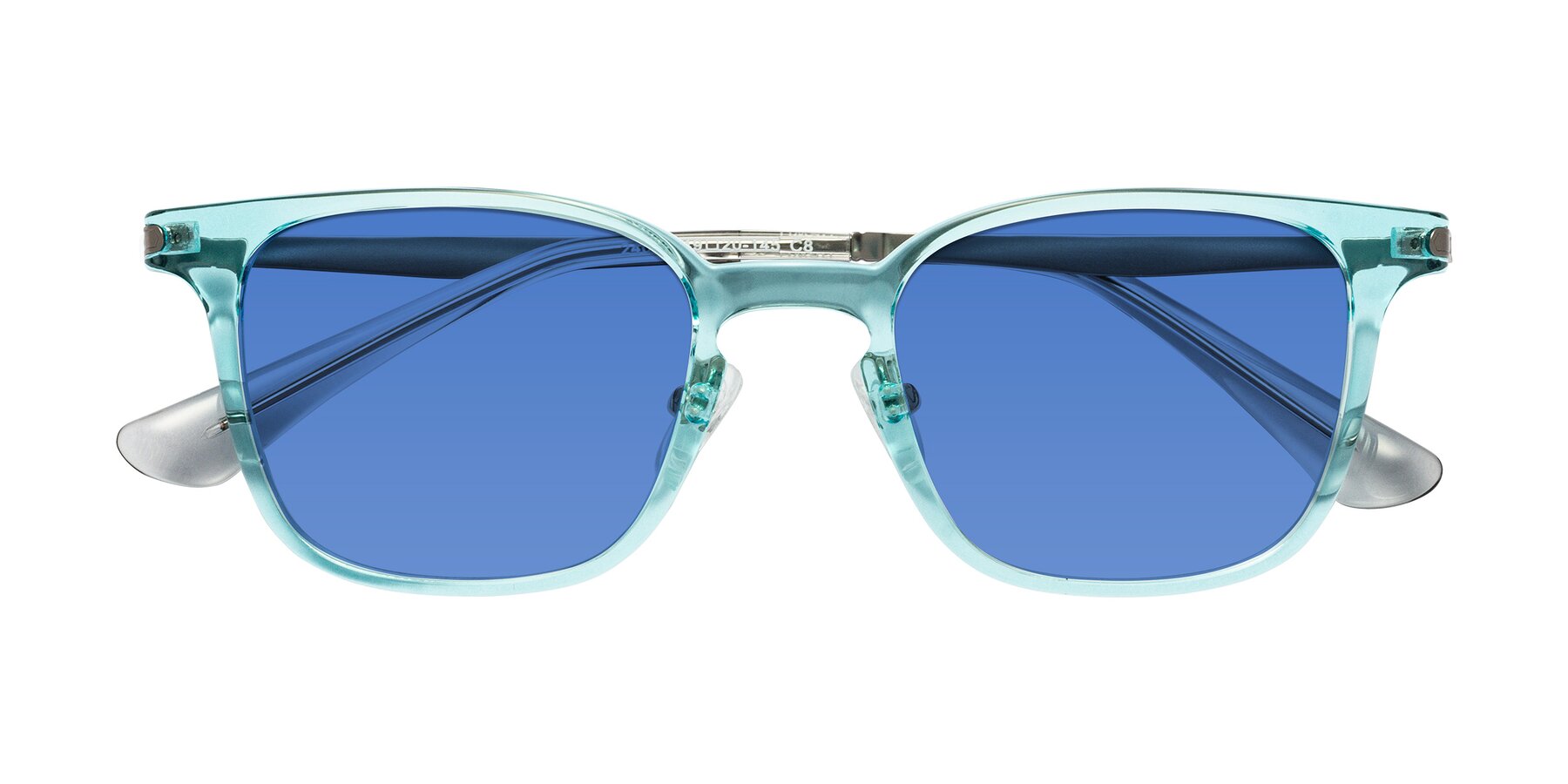 Folded Front of Tiwari in Clear Blue/Silver with Blue Tinted Lenses