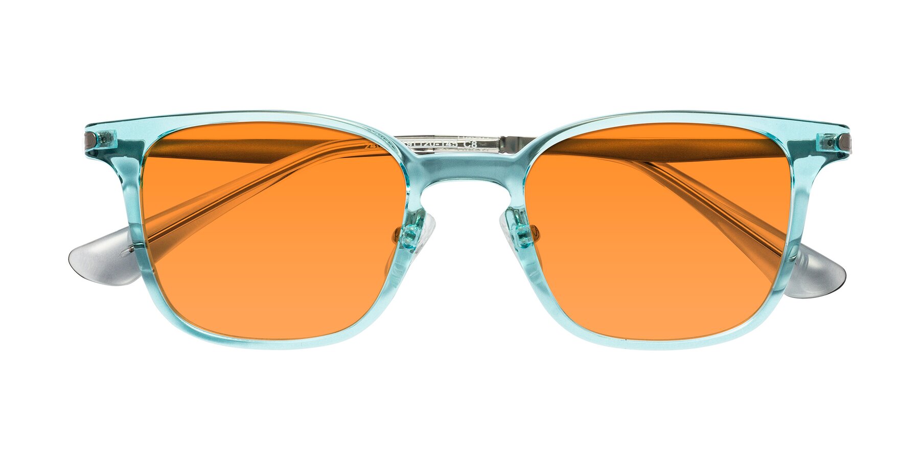 Folded Front of Tiwari in Clear Blue/Silver with Orange Tinted Lenses