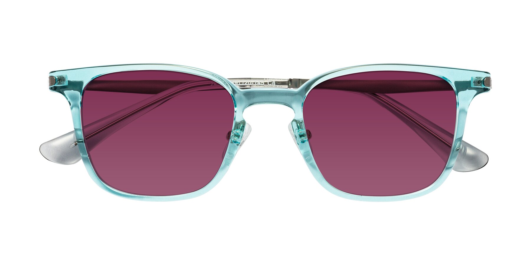 Folded Front of Tiwari in Clear Blue/Silver with Wine Tinted Lenses
