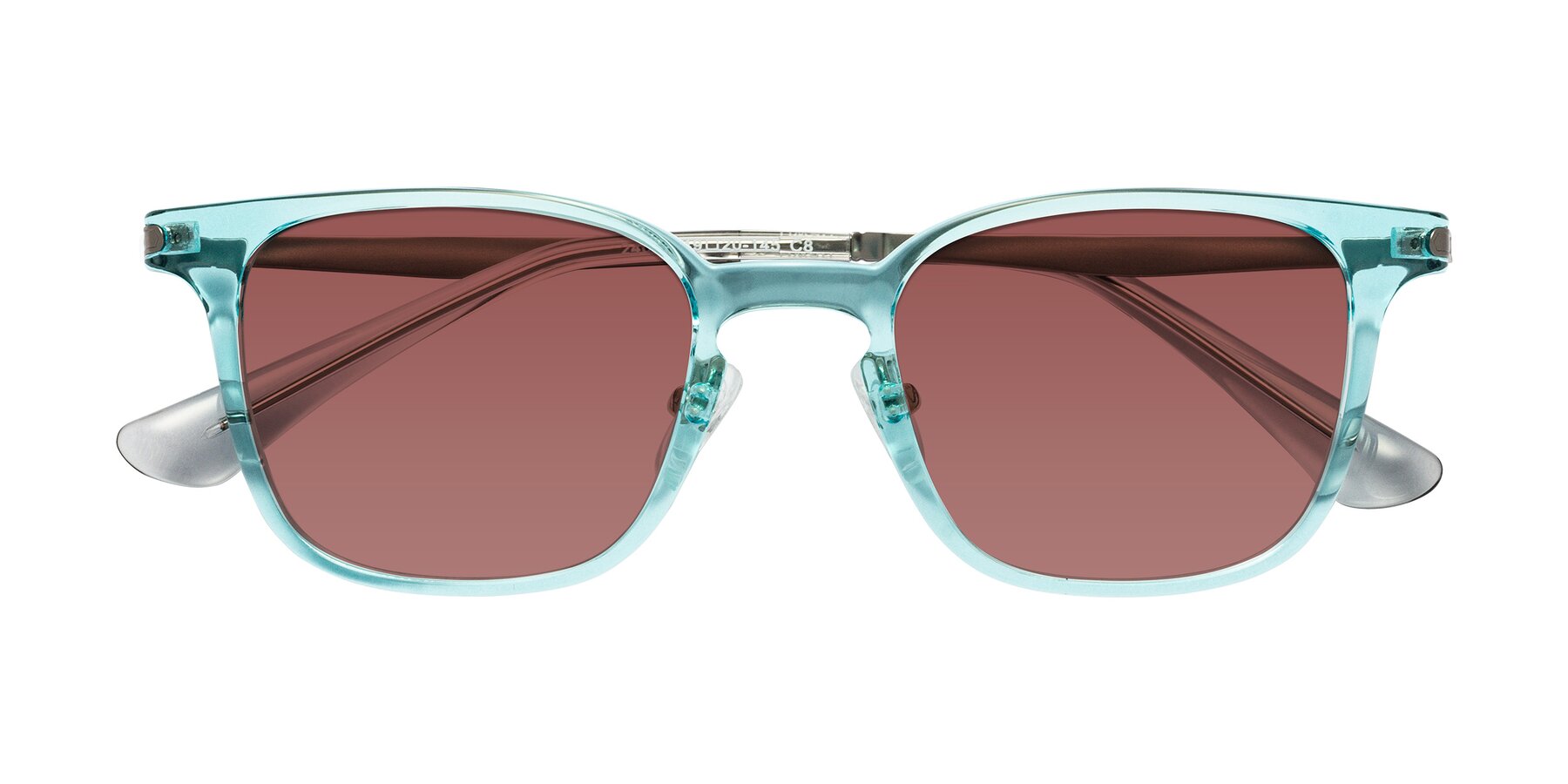 Folded Front of Tiwari in Clear Blue/Silver with Garnet Tinted Lenses