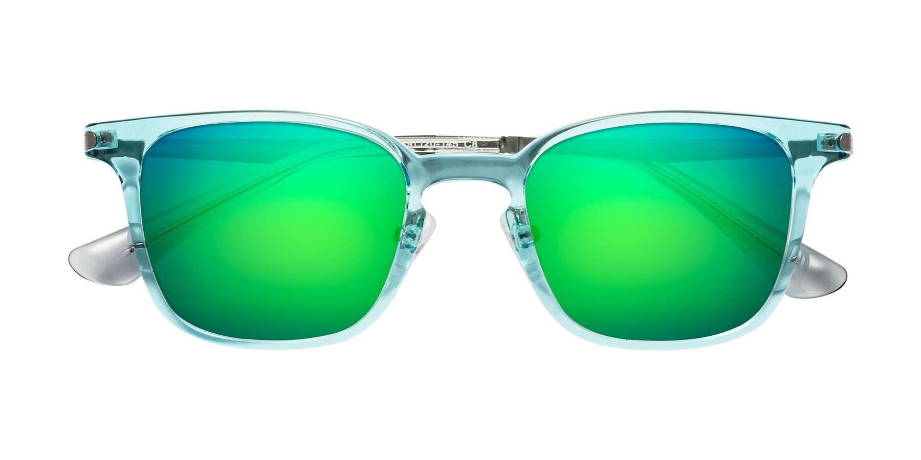 Folded Front of Tiwari in Clear Blue/Silver with Green Mirrored Lenses