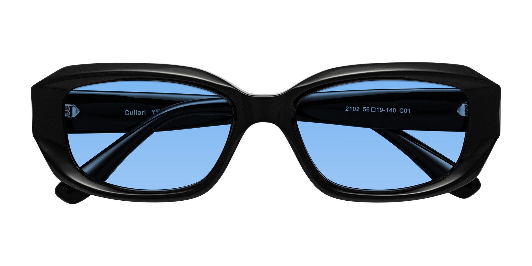 Folded Front of Cullari in Black with Medium Blue Tinted Lenses