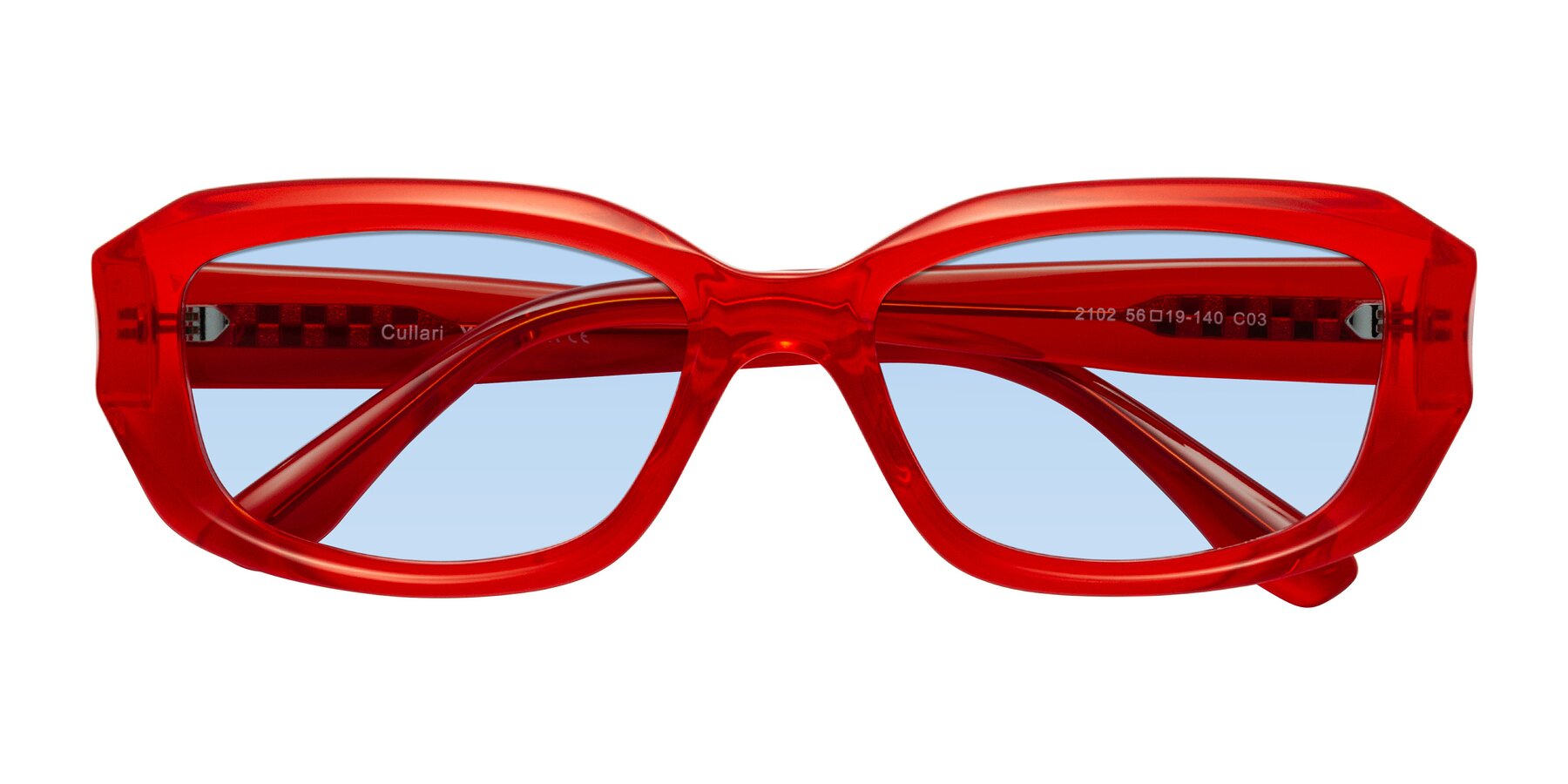Folded Front of Cullari in Chili Pepper with Light Blue Tinted Lenses