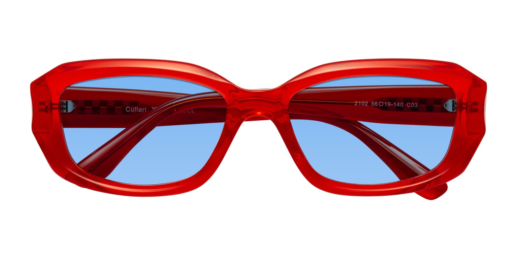 Folded Front of Cullari in Chili Pepper with Medium Blue Tinted Lenses