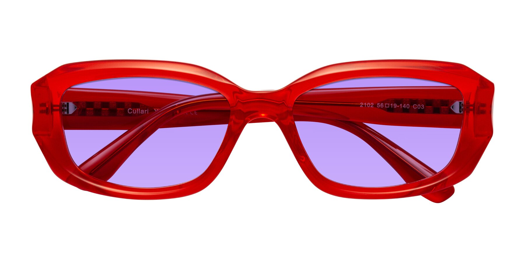 Folded Front of Cullari in Chili Pepper with Medium Purple Tinted Lenses