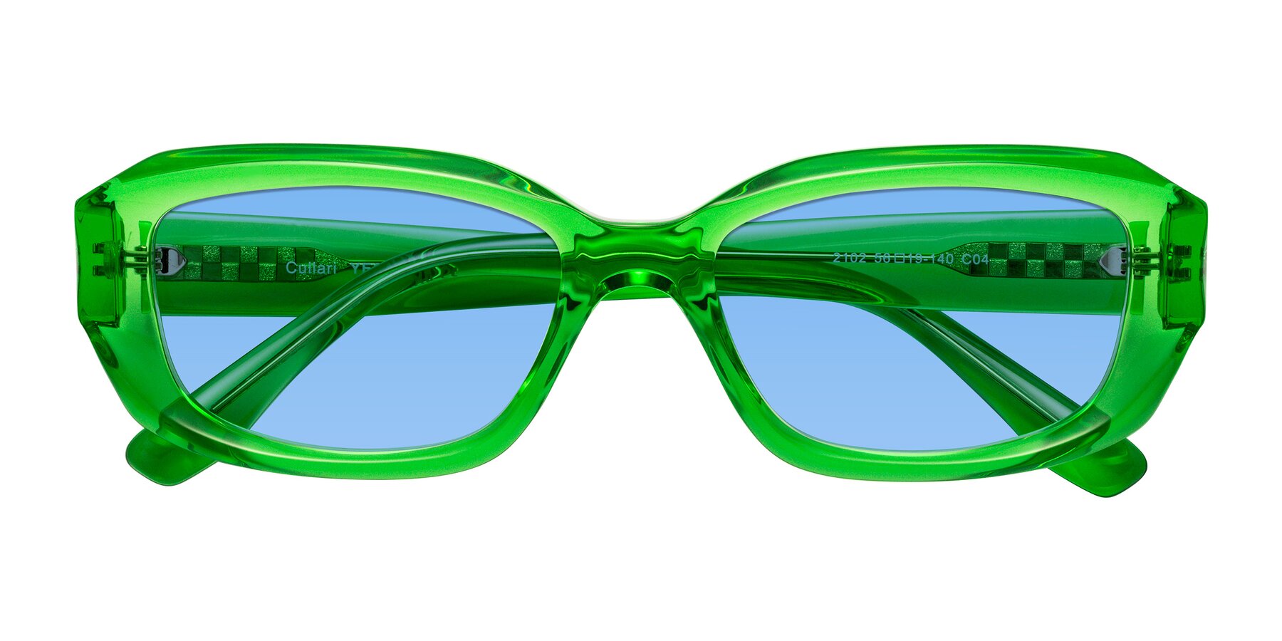 Folded Front of Cullari in Grass Green with Medium Blue Tinted Lenses