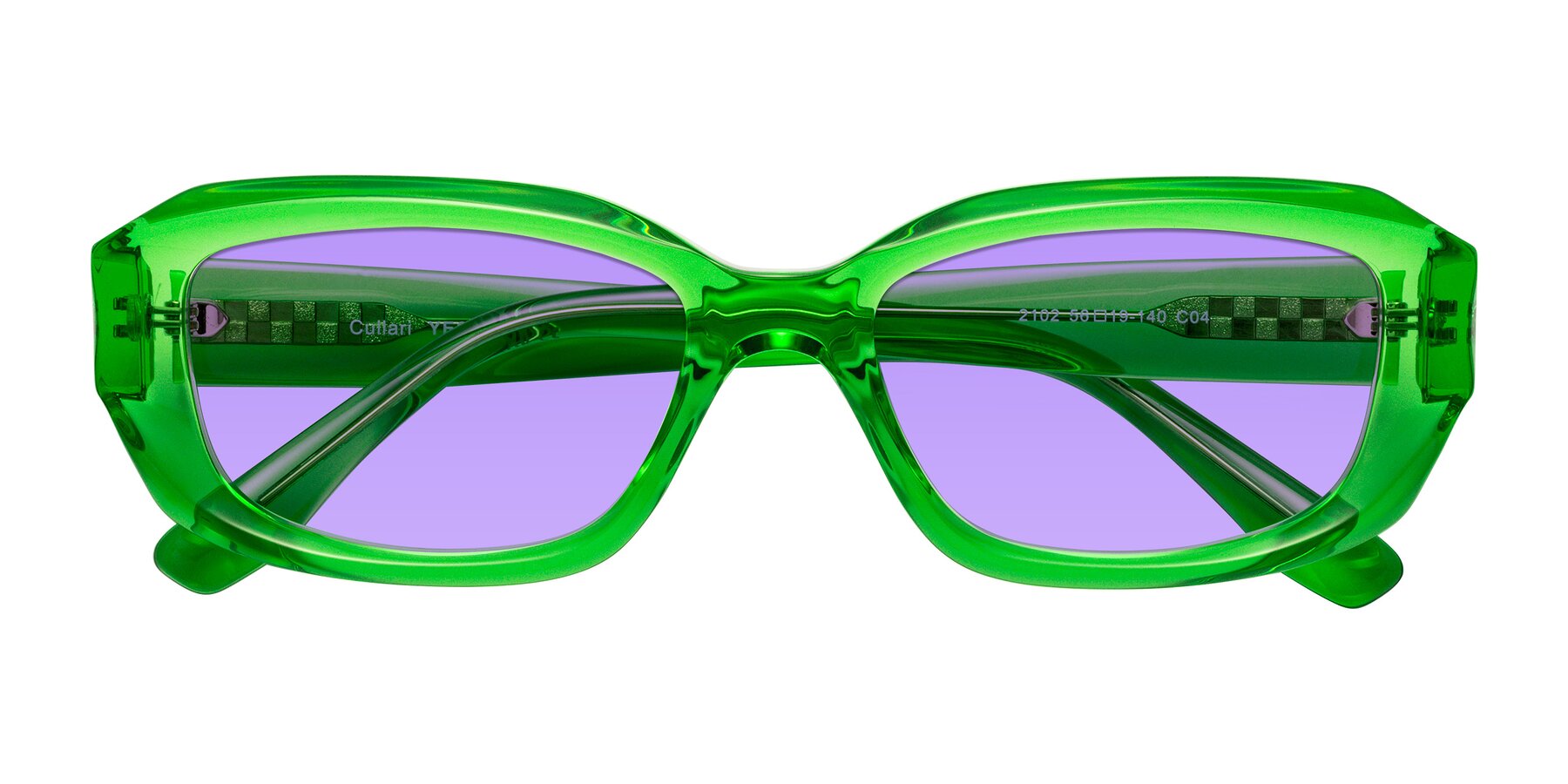 Folded Front of Cullari in Grass Green with Medium Purple Tinted Lenses