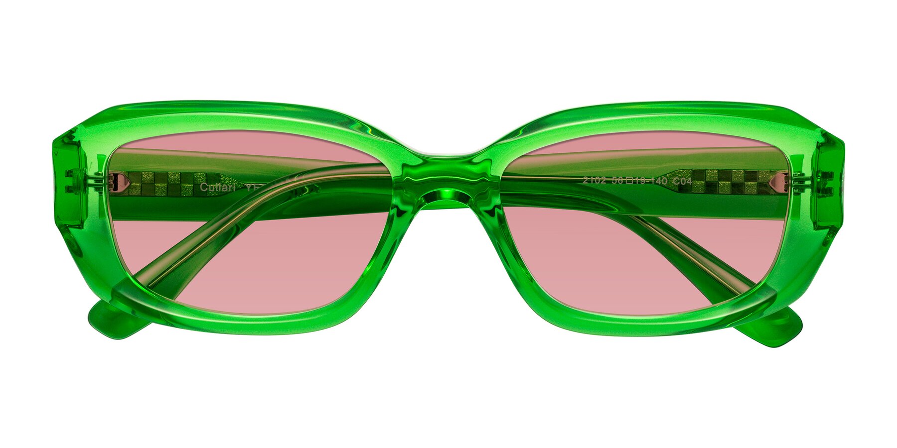 Folded Front of Cullari in Grass Green with Medium Garnet Tinted Lenses
