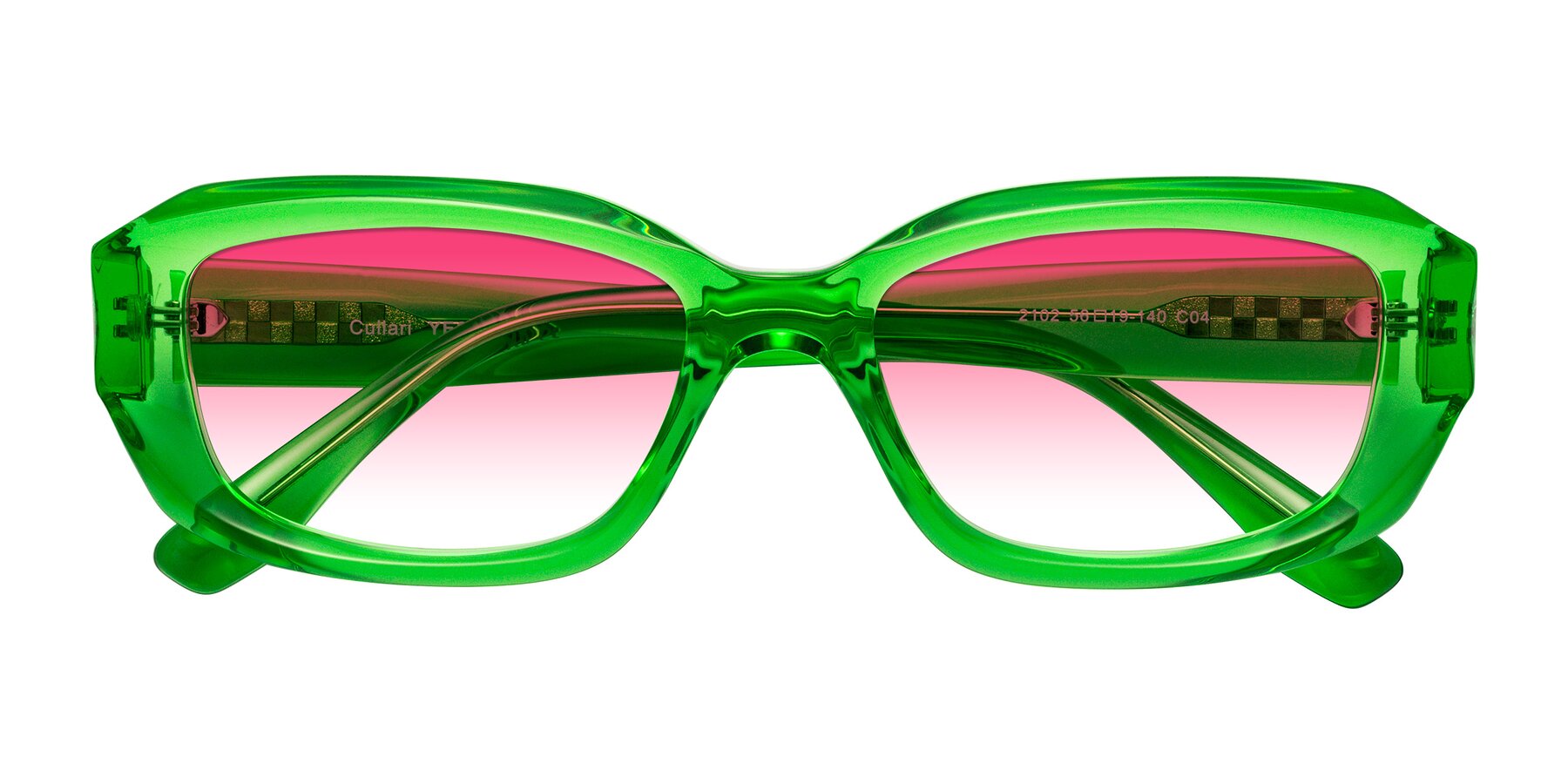 Folded Front of Cullari in Grass Green with Pink Gradient Lenses